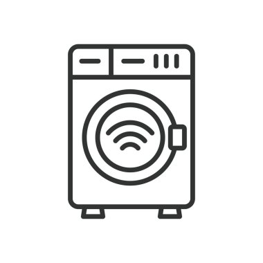 Akıllı çamaşır makinesi, çizgi tasarımı ikonu. Akıllı çamaşır makinesi, çamaşır makinesi, IOT, beyaz arka plan vektöründe enerji verimliliği. Akıllı çamaşır makinesi, satır dizaynı simgesi, düzenlenebilir vuruş simgesi