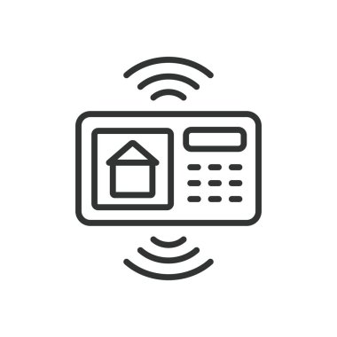 Ev otomatikleştirme merkezi, satır tasarımı simgesi. Akıllı ev merkezi, beyaz arka plan vektöründe ev kontrolörü. Ev otomatikleştirme merkezi, satır tasarımı simgesi, düzenlenebilir vuruş simgesi