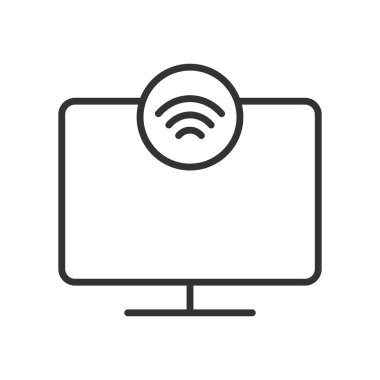 Akıllı televizyon, çizgi tasarımı ikonu. Akıllı, IoT TV, bağlı, internet televizyonu, beyaz arka planda ev eğlencesi. Akıllı TV, satır tasarımı simgesi, düzenlenebilir vuruş simgesi