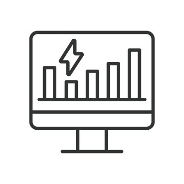Enerji izleme, çizgi tasarımı simgesi. Enerji izleme, enerji yönetimi, beyaz arka plan vektöründe elektrik kullanımı. Enerji izleme, satır tasarımı simgesi, düzenlenebilir vuruş simgesi