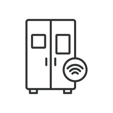 Akıllı buzdolabı, tasarım ikonu. Akıllı buzdolabı, buzdolabı, bağlı buzdolabı, beyaz arka plan vektöründeki akıllı alet. Akıllı buzdolabı, satır tasarımı simgesi, düzenlenebilir vuruş simgesi