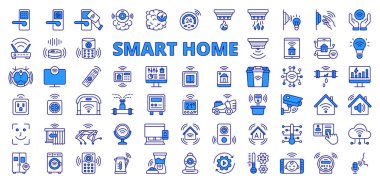 Mavi çizgi dizaynında akıllı ev simgeleri. Akıllı ev, otomasyon, güvenlik, kontrol, teknoloji, beyaz arka plan vektöründe yapay zeka. Akıllı ev düzenlenebilir vuruş simgeleri