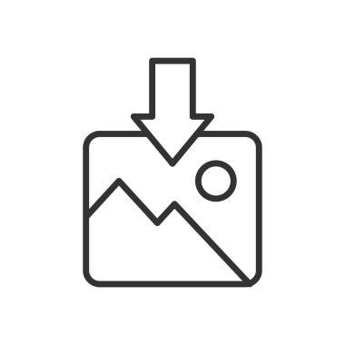 Resim indir, satır tasarımı simgesi. Resim, resim, indirme, ok, kaydetme, ortam, resim beyaz arkaplan vektöründe indirilsin. Resim indir, düzenlenebilir vuruş simgesi