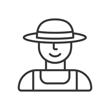 Çiftçi, çizgi tasarımı ikonu. Çiftçi, tarım, çiftlik, hasat, kırsal, mahsul, beyaz arka plan vektörü traktör. Düzenlenebilir vuruş simgesi