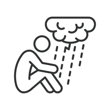 Depresyon, çizgi tasarımı ikonu. Depresyon, üzüntü, umutsuzluk, akıl sağlığı, kötü ruh hali, yorgunluk, beyaz arka planda duygusal acı. Depresyon, düzenlenebilir vuruş simgesi