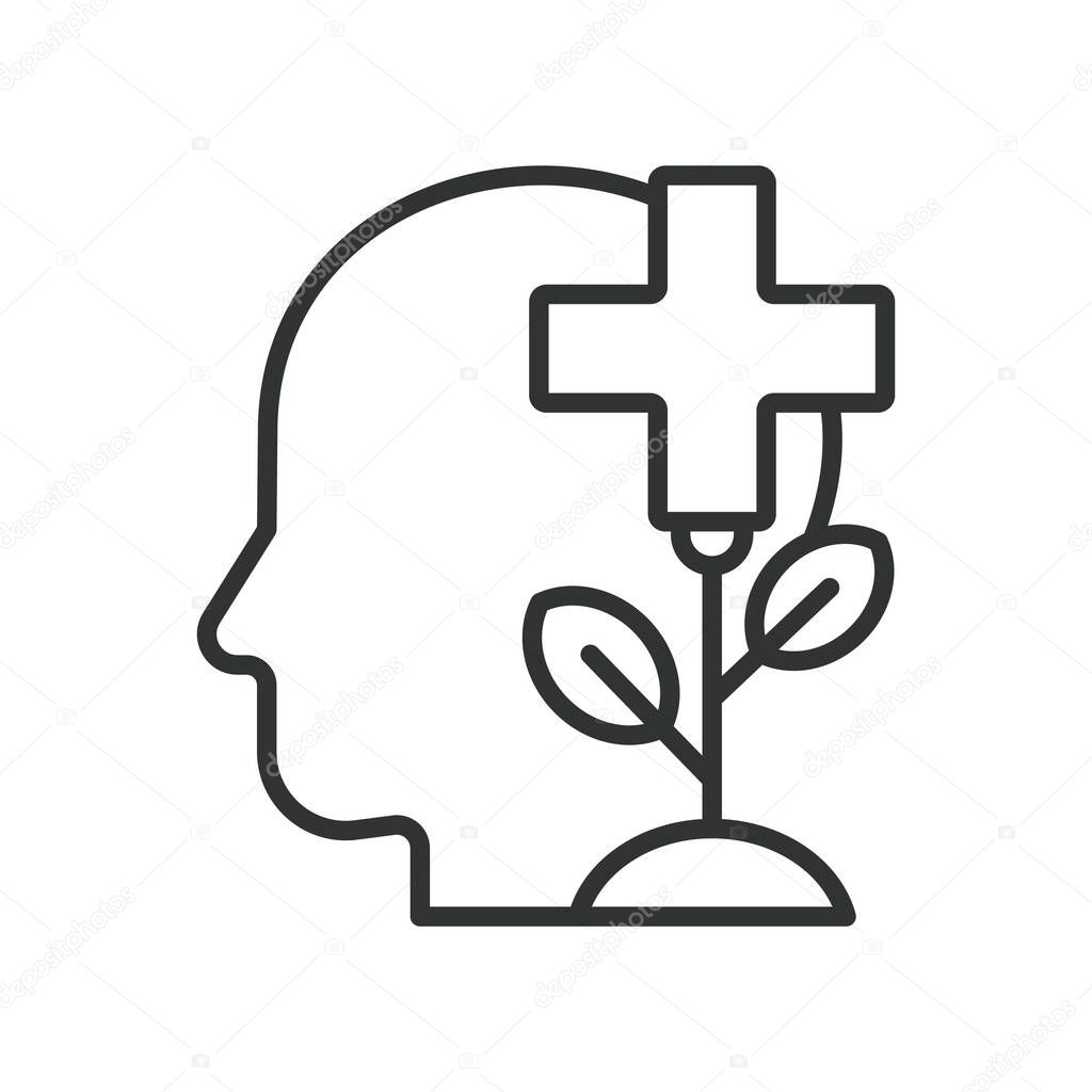 Mental health, icon in line design. Mental health, wellbeing, self-care, therapy, stress, anxiety, emotional health on white background vector. Mental health, editable stroke icon