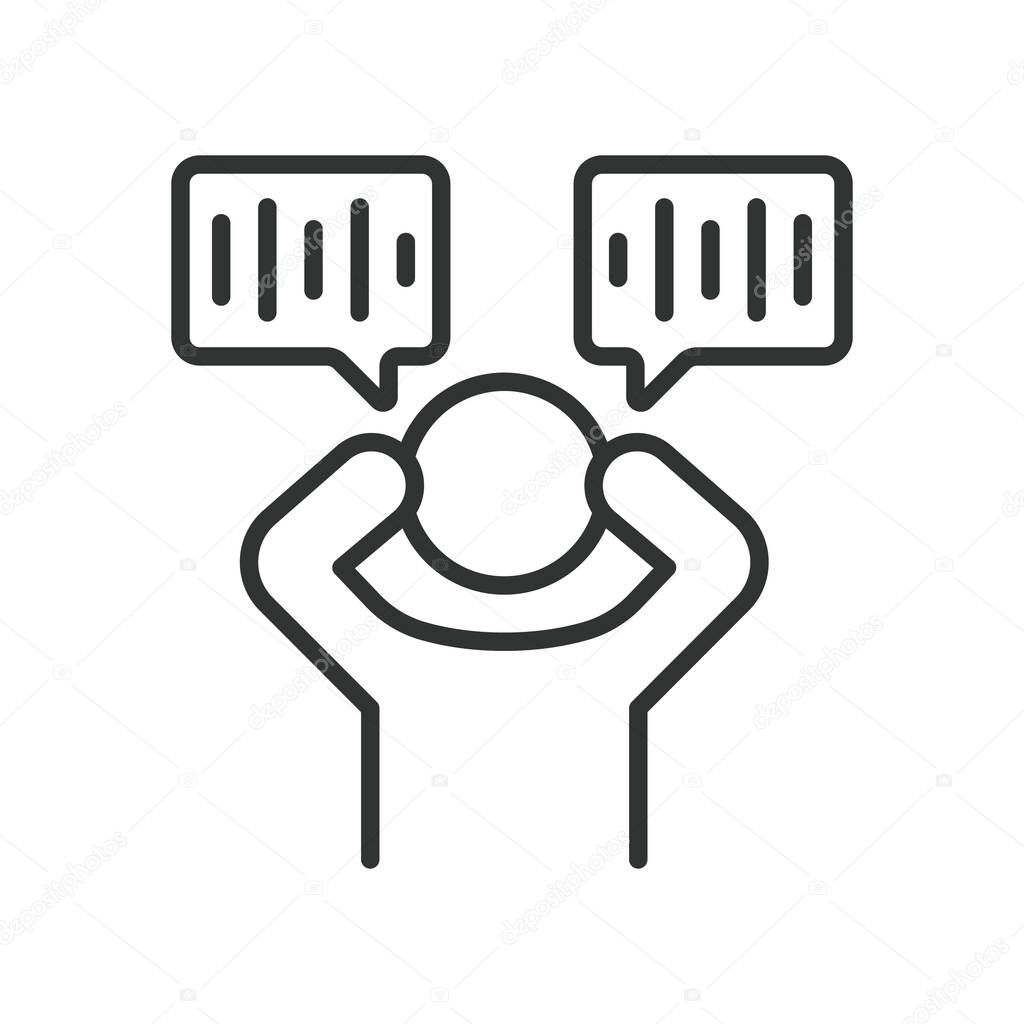 Hearing voices, icon in line design. Hearing voices, auditory hallucination, inner voices, schizophrenia, mental disorder, phantom sound, psychosis on white background vector. Hearing voices, editable