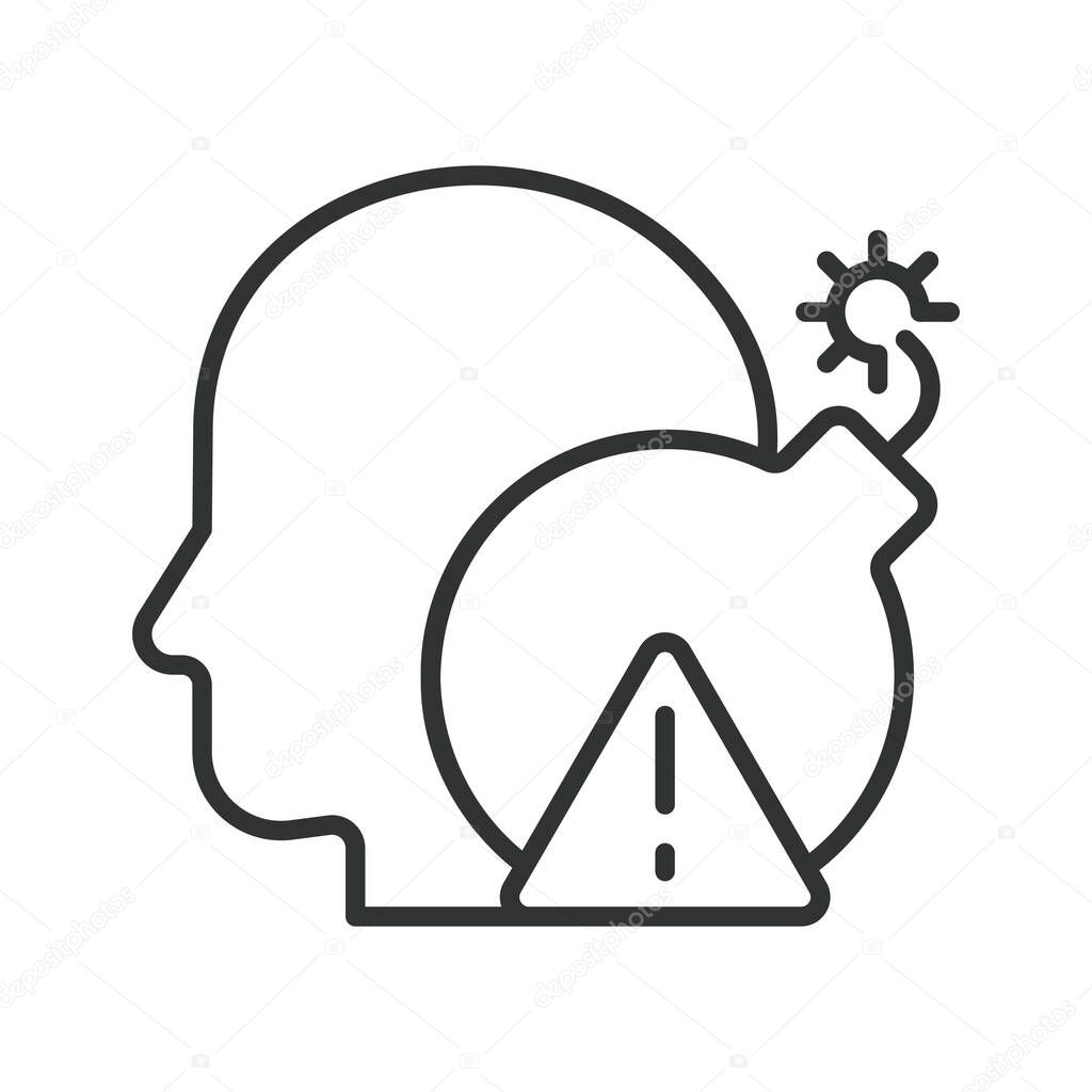 Psychological trauma, icon in line design. Psychological trauma, mental injury, emotional pain, PTSD, trauma response, fear, anxiety on white background vector. Psychological trauma, editable stroke