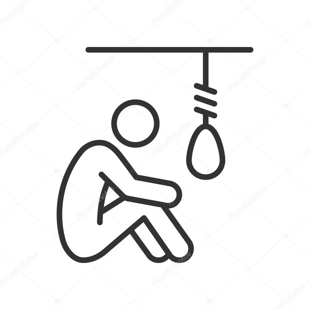 Suicidal thoughts, icon in line design. Suicidal thoughts, self-harm, mental health crisis, depression, hopelessness, suicidal ideation on white background vector. Suicidal thoughts, editable stroke i