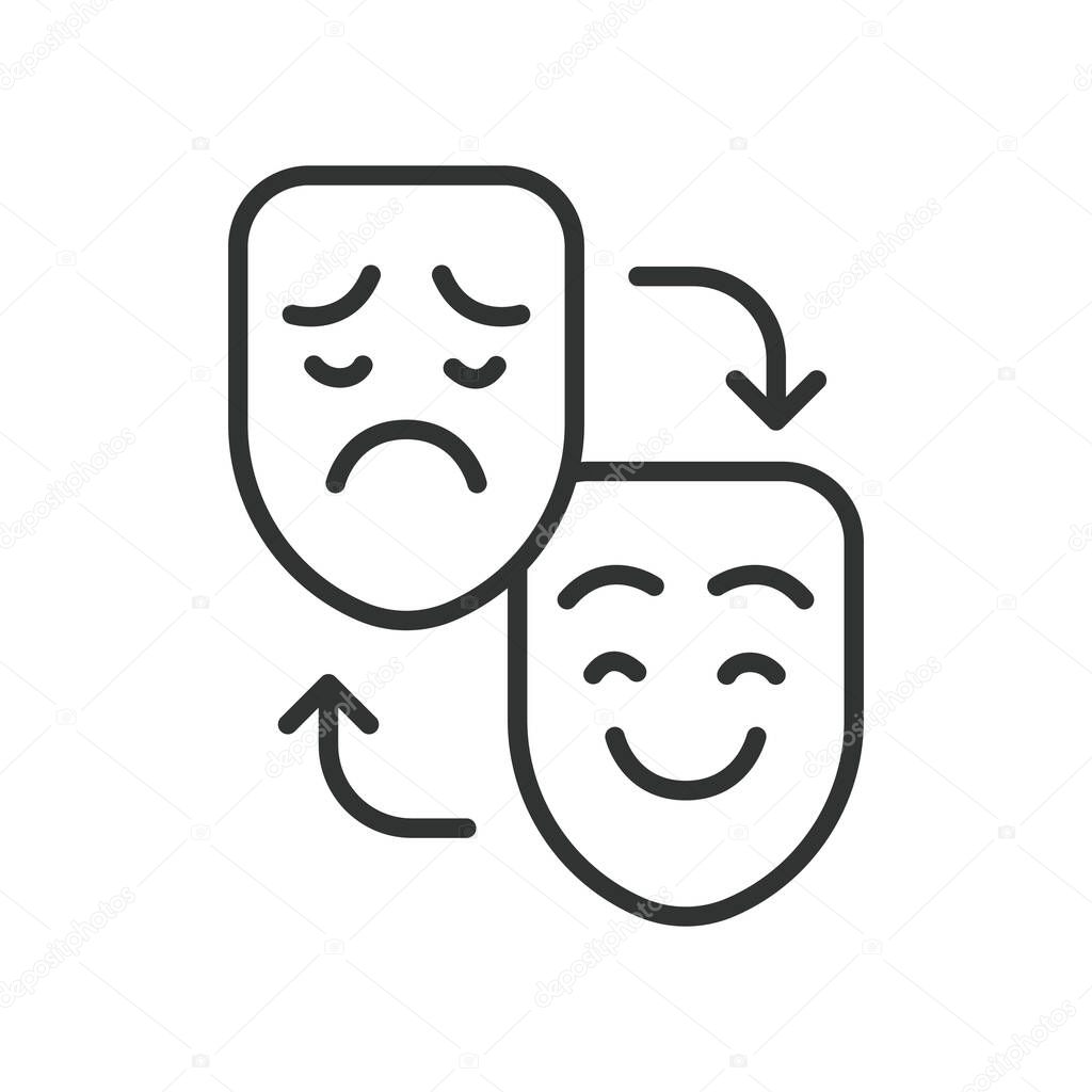 Bipolar, icon in line design. Bipolar disorder, mood swings, depression, mania, emotional instability, manic episode, depressive episode on white background vector. Bipolar, editable stroke icon