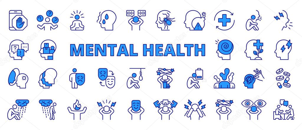 Mental health icons in line design blue. Mental health, wellness, therapy, depression, anxiety, support, mindfulness on white background vector. Mental health editable stroke icons
