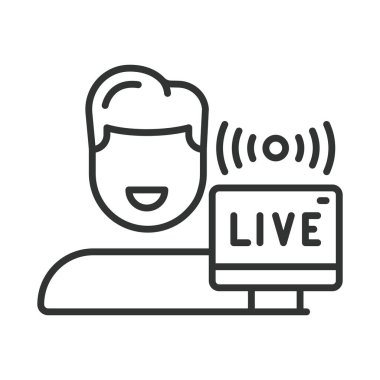Canlı flama, çizgi tasarımı ikonu. Canlı yayın, mikrofon, webcam, canlı sohbet, oyun, beyaz arka plan vektörü. Canlı flama düzenlenebilir vuruş simgesi