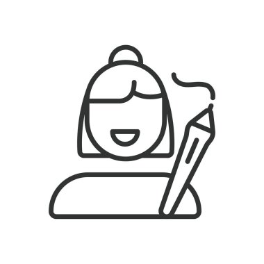 2D sanatçı, çizgi tasarımı ikonu. 2D sanatçı, dijital resim, konsept sanat, karakter tasarımı, çizim, çizim, beyaz arkaplan vektörü üzerine tablet çizimi. 2B sanatçı düzenlenebilir vuruş simgesi