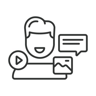 İçerik yaratan, satır tasarımı simgesi. İçerik oluşturucu, video, kamera, mikrofon, sosyal medya, etkili, beyaz arkaplan vektörü üzerine vlog. Tema içeriği oluşturucu düzenlenebilir vuruş simgesi için