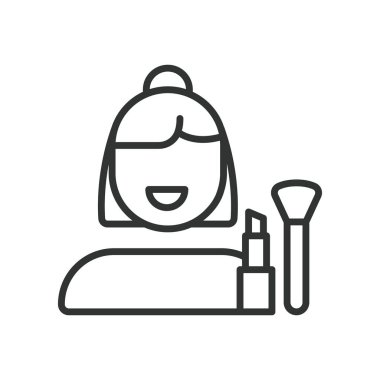 Makyaj sanatçısı, çizgi tasarımı ikonu. Makyöz, kozmetik, fırça, temel, ruj, göz farı, beyaz arka plan vektörü. Makyaj sanatçısı için düzenlenebilir vuruş simgesi