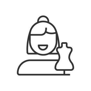 Moda tasarımcısı, satır tasarımı ikonu. Moda tasarımcısı, giysi, podyum, çizim, moda şovu, giysi, beyaz arka plan vektörü mankeni. Moda tasarımcısı, düzenlenebilir vuruş simgesi