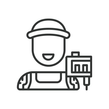 Dövme sanatçısı, satır tasarımı ikonu. Dövmeci, dövme makinesi, mürekkep, cilt sanatı, iğne, tasarım, beyaz arka planda vücut sanatı. Dövme sanatçısı düzenlenebilir vuruş simgesi