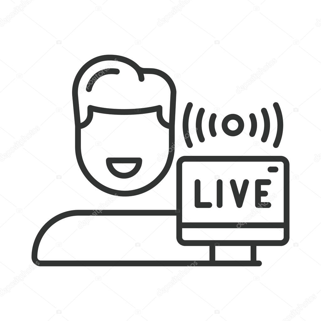 Live streamer, icon in line design. Live streamer, streaming, microphone, webcam, live chat, gaming, broadcast on white background vector. Live streamer editable stroke icon