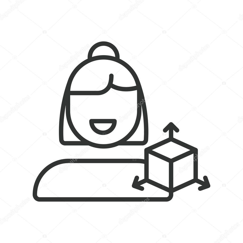 3d designer, icon in line design. 3d designer, modeling, rendering, animation, visual effects, CAD, sculpting on white background vector. 3d designer editable stroke icon