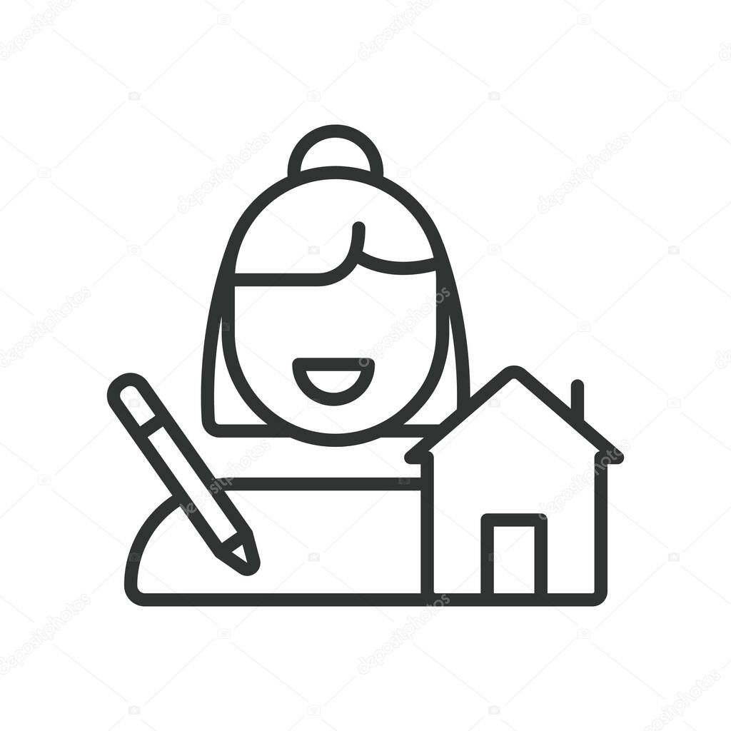 Interior designer, icon in line design. Interior designer, home decor, room layout, furniture, space planning, floor plan, interior style on white background vector.