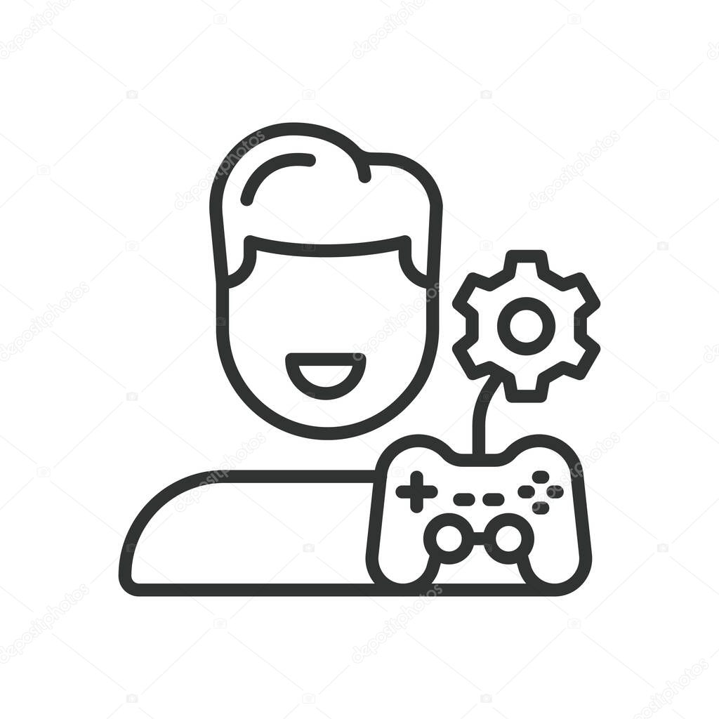 Video game designer, icon in line design. Game designer, video game, controller, console, pixel, joystick, computer on white background vector. For the theme Video game designer editable stroke icon