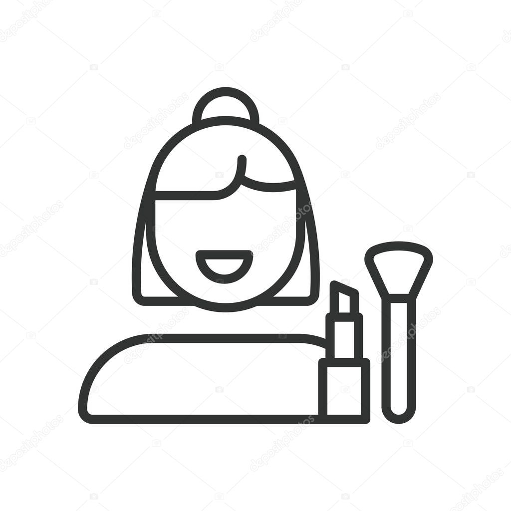 Makeup artist, icon in line design. Makeup artist, cosmetics, brush, foundation, lipstick, eyeshadow, contour on white background vector. For the theme Makeup artist editable stroke icon
