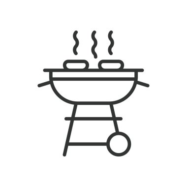 Izgara barbekü, tasarım ikonu. Barbekü, barbekü, açık hava yemekleri, barbekü ızgarası, et ızgarası, piknik yemeği, beyaz arka planda yaz barbeküsü. Izgara BBQ düzenlenebilir vuruş simgesi