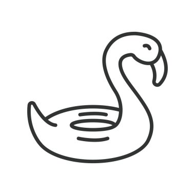 Flamingo şamandırası, çizgi tasarımı ikonu. Flamingo şamandırası, şişirilebilir, havuz oyuncağı, yaz mevsimi, yüzen halka, flamingo, beyaz arka plan vektörü. Flamingo yüzdürülebilir vuruş simgesi
