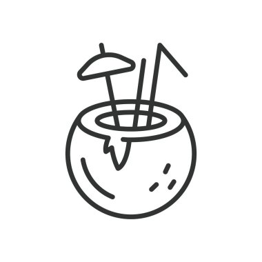 Hindistan cevizi içeceği, tasarım ikonu. Hindistan cevizi suyu, hindistan cevizi suyu, plaj içecekleri, yaz içeceği, egzotik kokteyl, beyaz arka planda tatil içecekleri. Hindistan cevizi içeceği düzenlenebilir vuruş simgesi