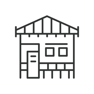 Bungalov, tasarım ikonu. Bungalov, sahil evi, tropikal bungalov, yazlık ev, yazlık ev, deniz kenarındaki bungalov, beyaz arka plandaki yazlık ev. Bungalov düzenlenebilir vuruş simgesi