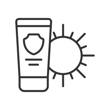 Güneş kremi, satır tasarımı simgesi. Güneş kremi, güneş kremi, krem, güneş kremi, ultraviyole ışınlar, beyaz arka planda güneş kremi. Tema için Sunscreen düzenlenebilir vuruş simgesi