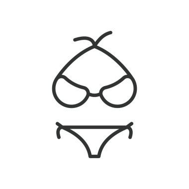 Bikini, tasarım ikonu. Bikini, mayo, iki parça plaj kıyafeti, mayo, yaz kıyafeti, beyaz arka planda mayo. Tema için Bikini düzenlenebilir vuruş simgesi