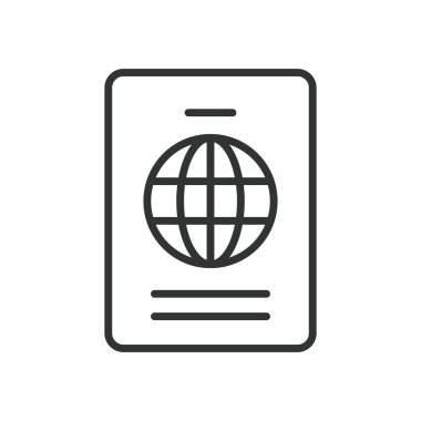 Pasaport, satır tasarımı ikonu. Pasaport, seyahat belgesi, kimlik, uluslararası seyahat, vize, sınır denetimi, beyaz arka plan vektöründeki biyometrik pasaport. Pasaport düzenlenebilir vuruş simgesi