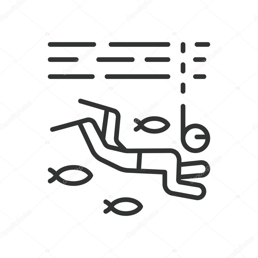 Snorkeling, icon in line design. Snorkeling, snorkel mask, underwater, diving, sea adventure, fins, ocean swim on white background vector. Snorkeling editable stroke icon