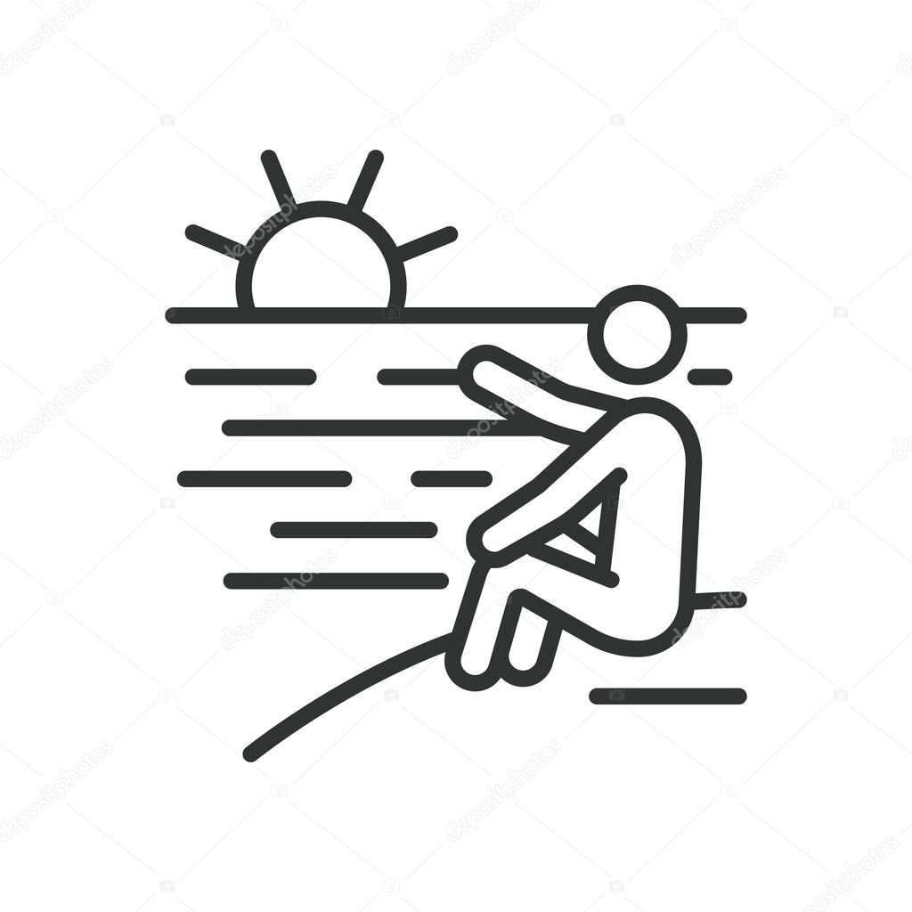 Enjoying sunset, icon in line design. Enjoying sunset, sunset view, watching sunset, sunset moment, beach sunset on white background vector. For the theme enjoying sunset editable stroke icon