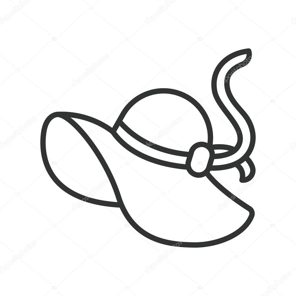 Sun hat, icon in line design. Sun hat, beach hat, summer hat, wide brim, straw hat, headwear, UV protection on white background vector. For the theme Sun hat editable stroke icon