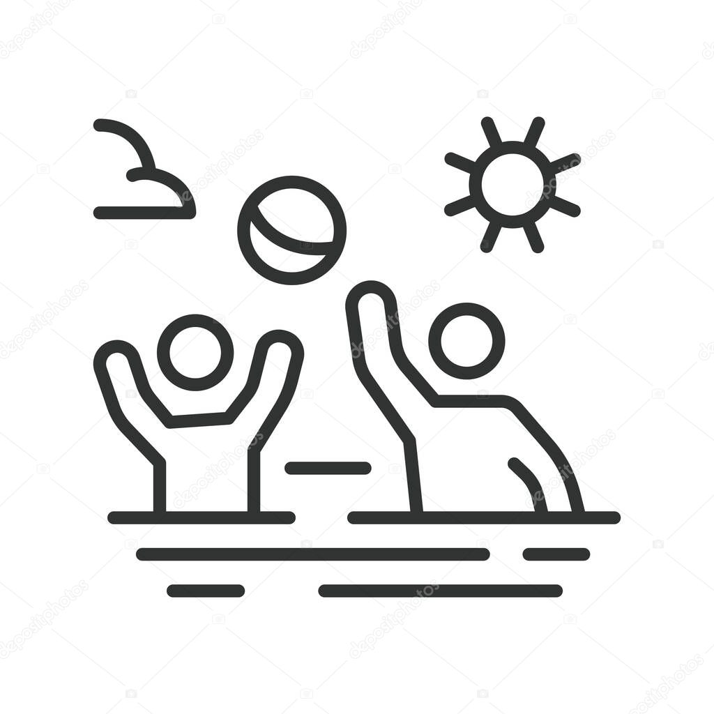 Beach ball play, icon in line design. Beach ball play, beach ball, summer toy, beach fun, beach activity, kids playing, inflatable ball on white background vector. Beach ball play editable stroke icon