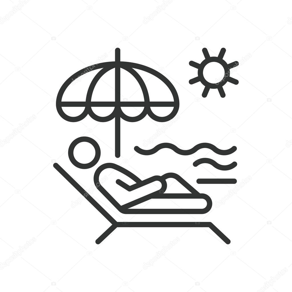 Beach relaxing, icon in line design. Beach relaxing, vacation, leisure, sunbathing, hammock, ocean, sand on white background vector. Beach relaxing editable stroke icon