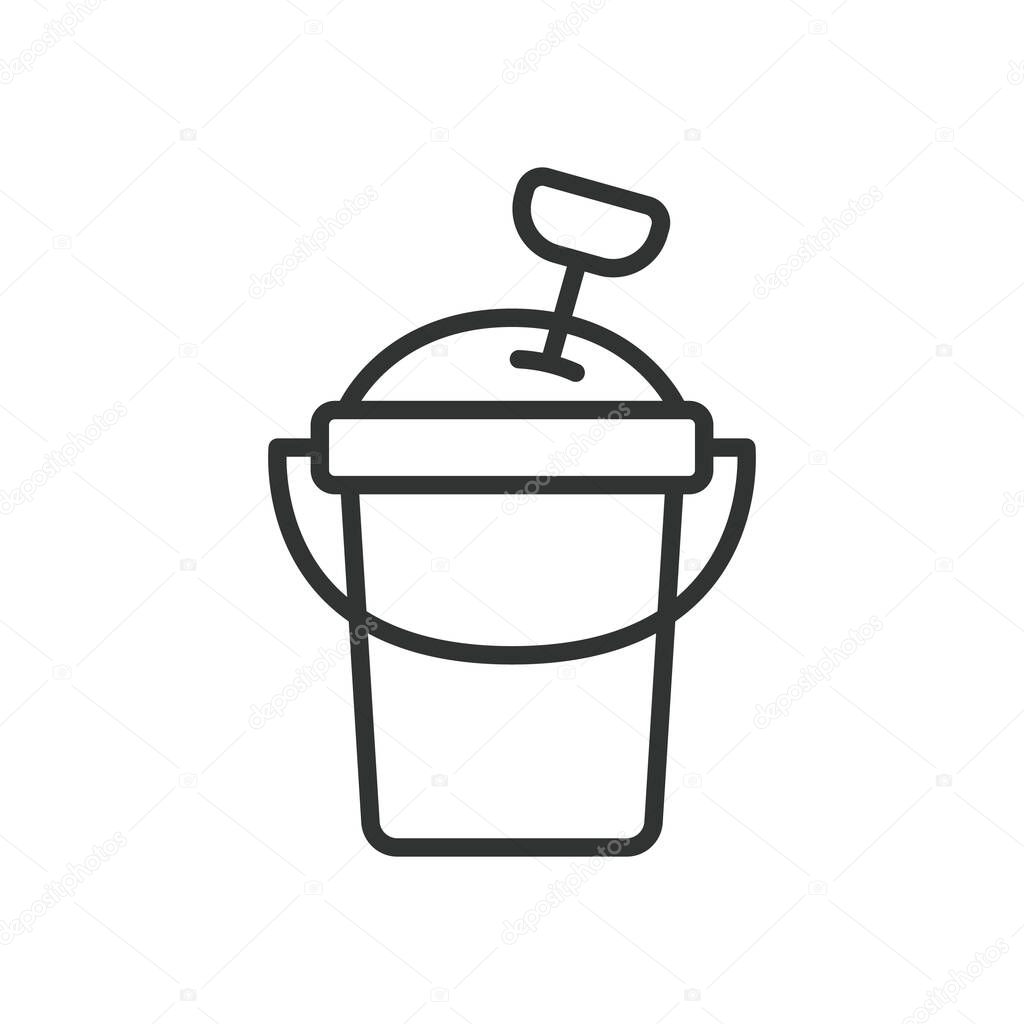 Sand bucket, icon in line design. Sand bucket, beach toy, summer play, beach bucket, sandcastle, seaside, plastic pail on white background vector. Sand bucket editable stroke icon