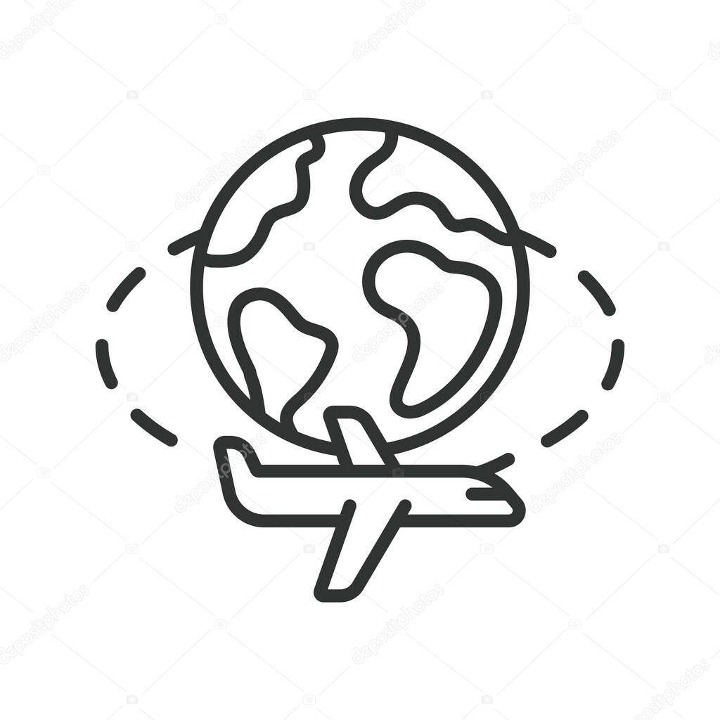 World travel, icon in line design. World travel, globe, passport, airplane, suitcase, travel route, international trip on white background vector. World travel editable stroke icon