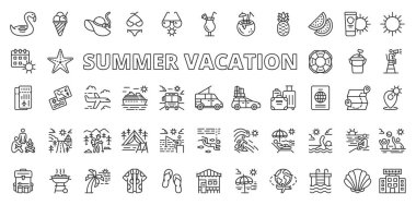 Çizgi dizaynında yaz tatili ikonları. Yaz tatili, plaj, seyahat, güneş, tatil, deniz, beyaz arka plan vektöründe dinlenme. Yaz tatilinde uygulanabilir vuruş simgeleri