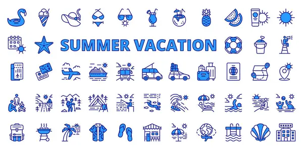Mavi çizgi dizaynında yaz tatili ikonları. Yaz tatili, plaj, seyahat, güneş, tatil, deniz, beyaz arka plan vektöründe dinlenme. Yaz tatilinde uygulanabilir vuruş simgeleri