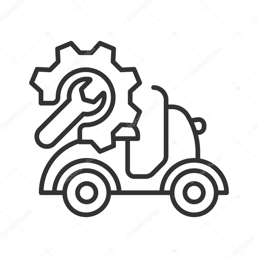 Moped repairing, icon in line design. Moped repairing, moped, repair, mechanic, maintenance, scooter, tools on white background vector. Moped repairing editable stroke icon