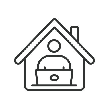 Uzaktan çalışma, satır tasarımı simgesi. Uzaktan çalışma, evden çalışma, evden çalışma, internet işi, sanal ofis, uzaktan çalışma, beyaz arka plandaki ev ofisi. Uzak çalışma, düzenlenebilir vuruş simgesi
