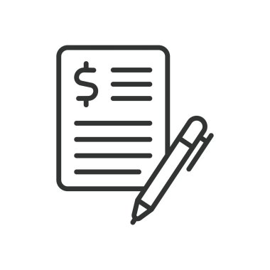 Kontrat, çizgi tasarımı ikonu. Sözleşme, anlaşma, yasal belge, imza, imzalı kağıt, anlaşma, beyaz arka plan vektörü ile iş sözleşmesi. Sözleşme, düzenlenebilir vuruş simgesi