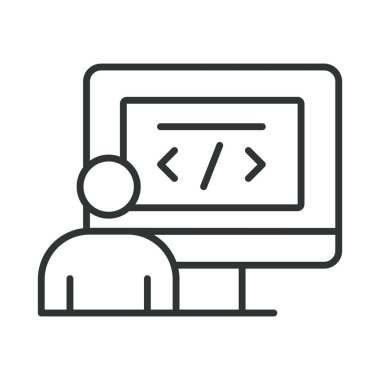 Web geliştiricisi, satır tasarımı simgesi. Web geliştiricisi, kodlama, programlama, yazılım geliştirme, ön uç, arka uç, beyaz arkaplan vektöründe web tasarımı. Web geliştiricisi, düzenlenebilir vuruş simgesi