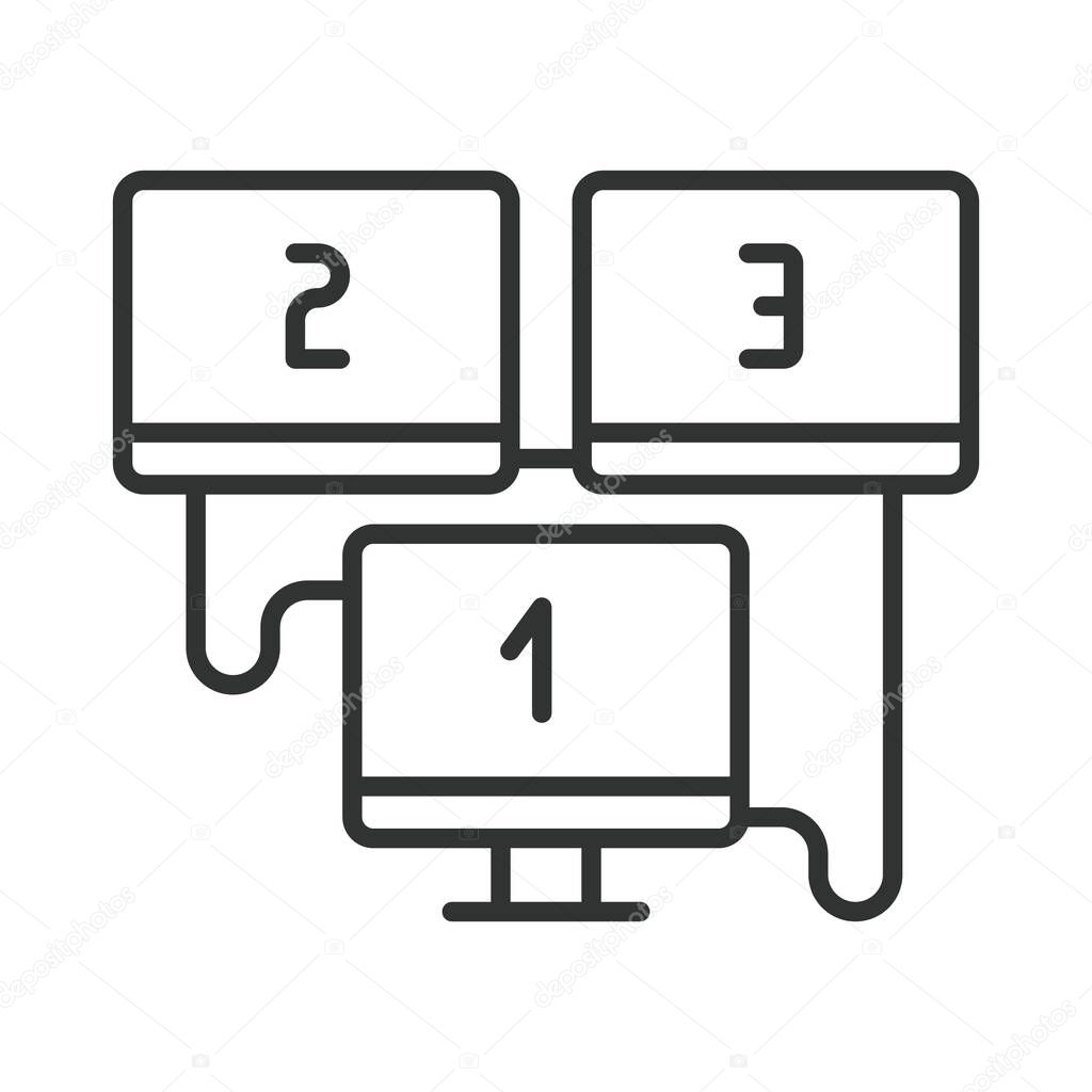 Multi monitor, icon in line design. Multi monitor, dual screen, extended display, computer monitors, screen setup, multitasking, workstations on white background vector. Multi monitor, editable stroke