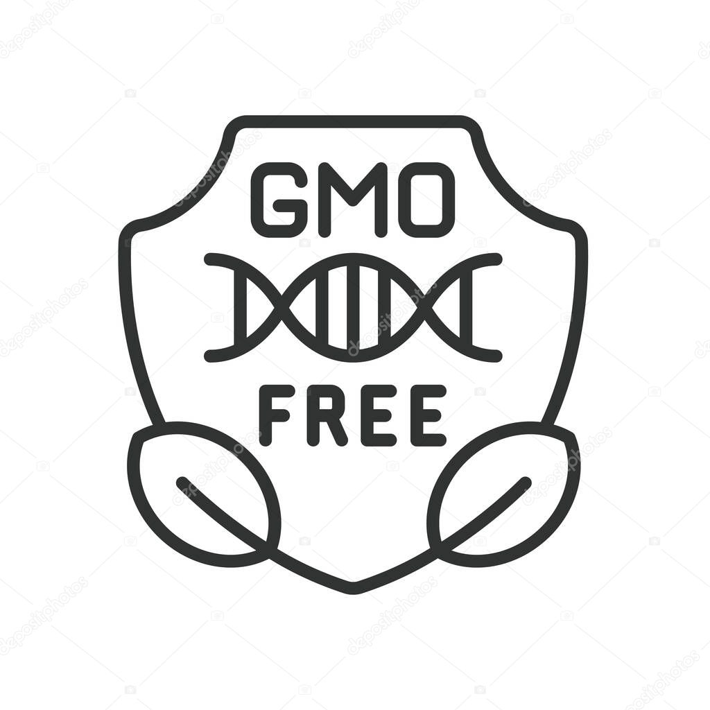 GMO Free, icon in line design. GMO free, non GMO, organic, natural, no chemicals, bio, eco label on white background vector. For the theme GMO Free editable stroke icon