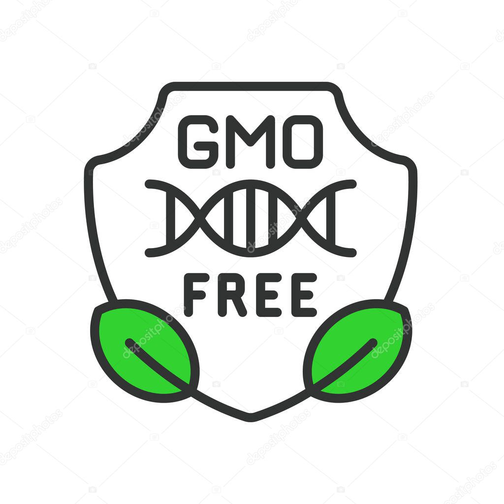 GMO Free, icon in line design green. GMO free, non GMO, organic, natural, no chemicals, bio, eco label on white background vector. For the theme GMO Free editable stroke icon