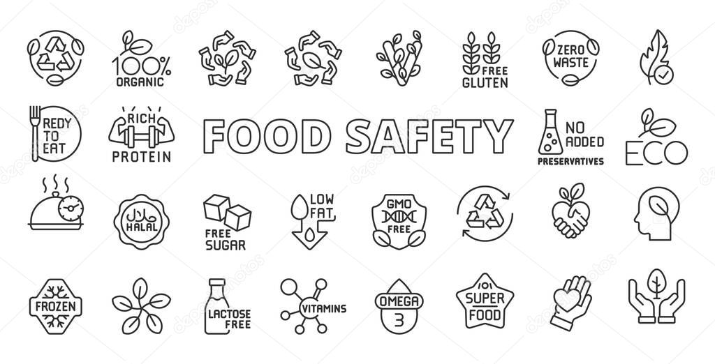 Food safety icons in line design. Food safety, hygiene, contamination, inspection, quality control, sanitation, safe food on white background vector. Food safety editable stroke icons